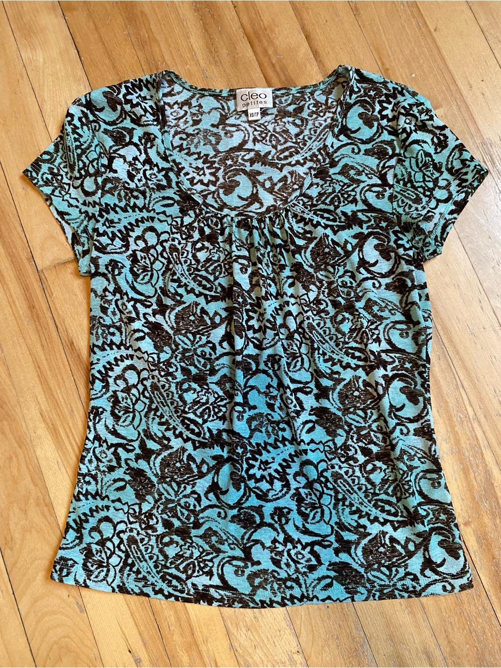 cleo Teal Brown Short Sleeve Scoop Neck Top Tshirt Babydoll Y2K Ruffle Babytee